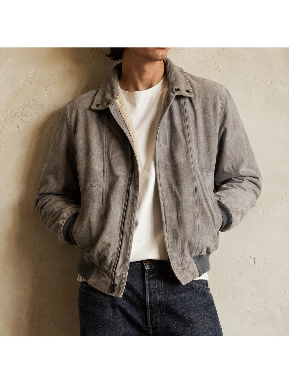 Vintage Gray Suede Leather Sherpa Lined Bomber Jacket Distressed Mens 42